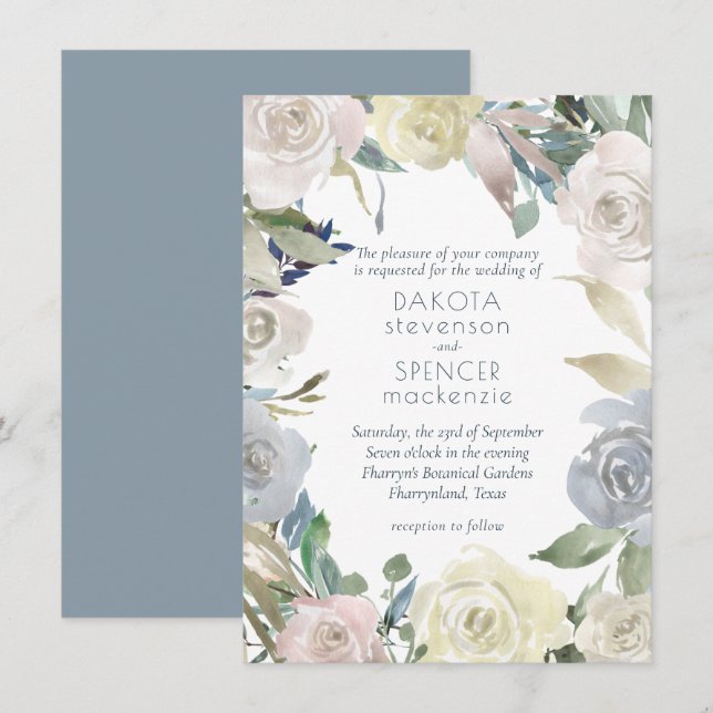 Muted Floral Wreath | Blue Pink Yellow Wedding Invitation (Front/Back)
