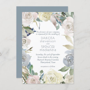 Muted Floral Wreath Blue Pink Yellow Wedding Invitation