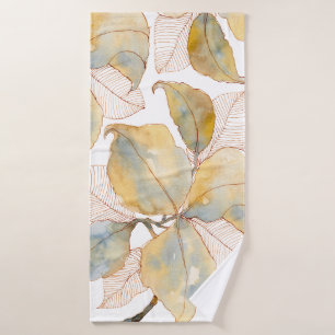 Muted Gold Blue Watercolor Botanical Leaves Bath Towel Set