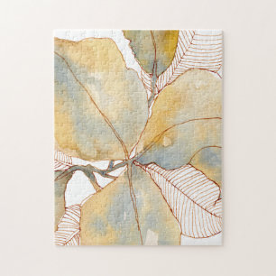Muted Gold Blue Watercolor Botanical Leaves Jigsaw Puzzle