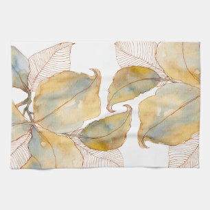 Muted Gold Blue Watercolor Botanical Leaves Kitchen Towel