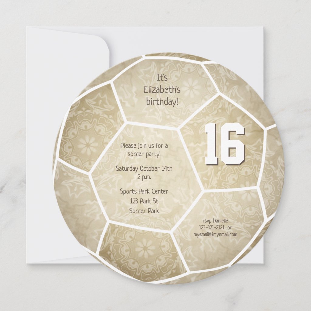 muted gold girl's soccer themed birthday party invitation
