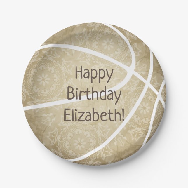 muted gold girly custom text basketball party paper plates (Front)