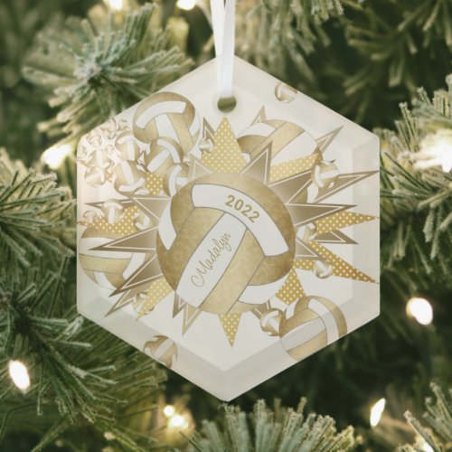 muted gold girly volleyballs and stars glass ornament