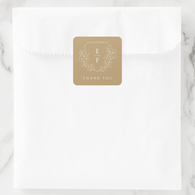 Muted Gold Minimal Cherry Blossom Monogram Crest  Square Sticker (Bag)