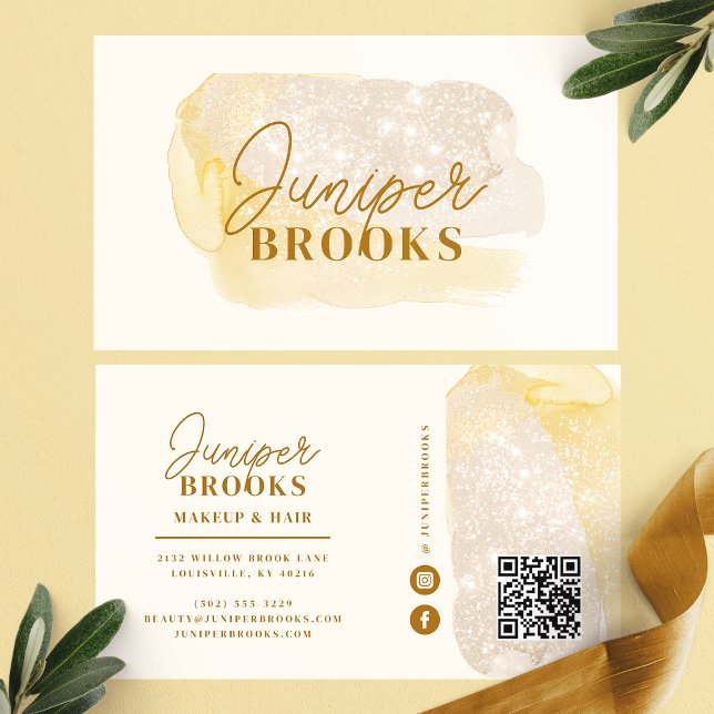 Muted Gold Social Media QR Code Glitter Business Card (Creator Uploaded)