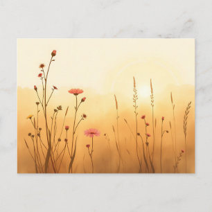 Muted Golden Sunrise with Watercolor Wildflowers Postcard
