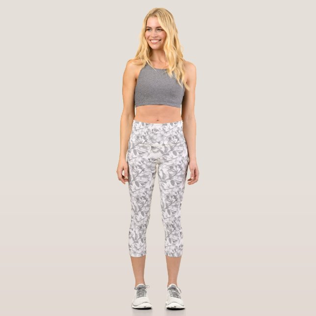 Muted Gray and White Floral Print Capri Leggings (Front)