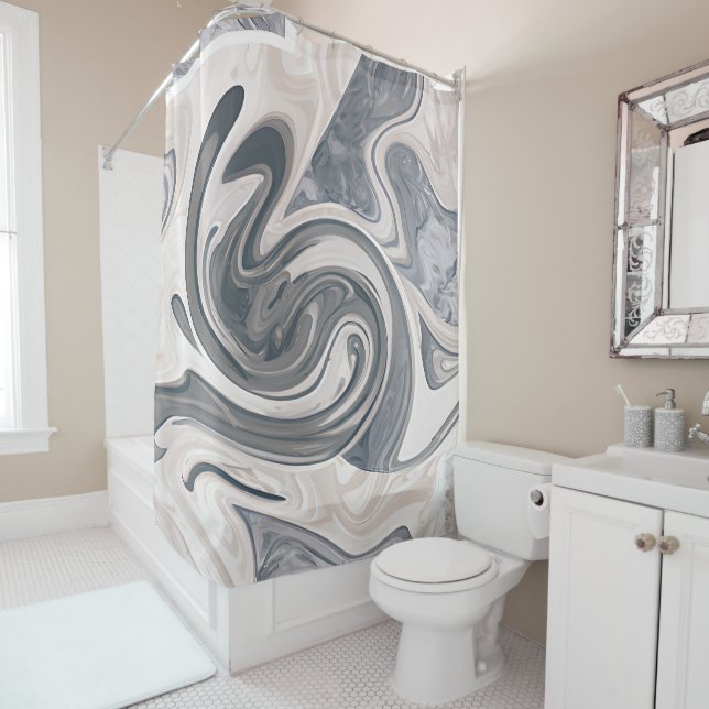 Muted gray and white marble shower curtain (In Situ)