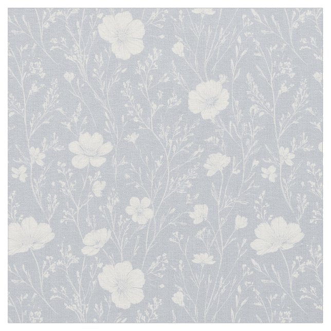 Muted Gray And White Wildflower Pattern Fabric (Close Up)