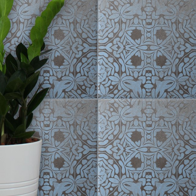 Muted Gray Blue Floral and Geometric Patterns Ceramic Tile (Creator Uploaded)