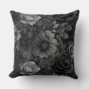 Muted Gray Color Vintage Floral Print Throw Pillow