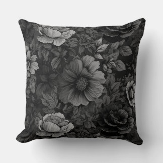 Muted Gray Color Vintage Floral Print Throw Pillow