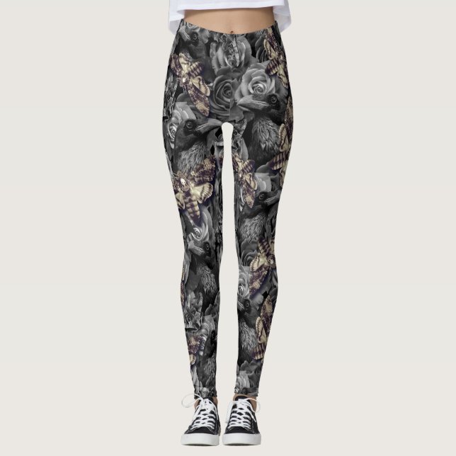 Muted Gray Gothic Victorian Raven Hawk Moth Leggings (Front)