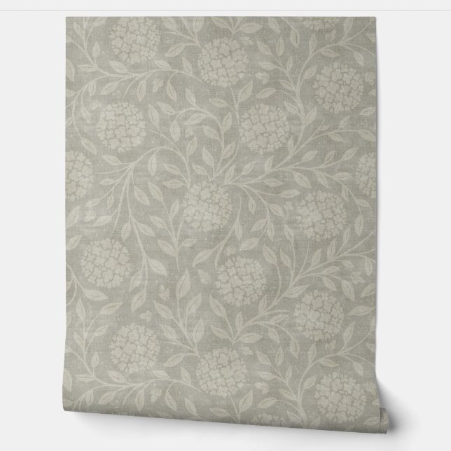 Muted Gray Hydrangea Traditional Wallpaper Wallpaper (Unrolling)