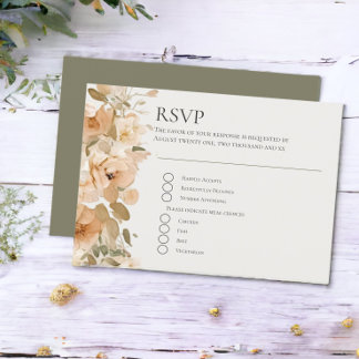 Muted Green And Peach Flower Wedding RSVP Card