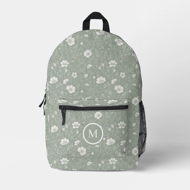 Muted Green And White Wildflower Pattern  Printed Backpack (Front)
