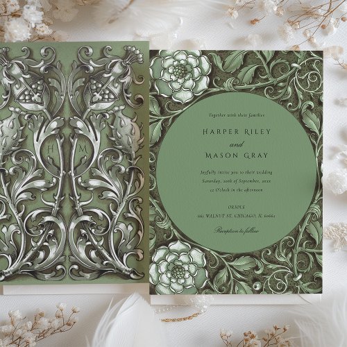 Muted Green Art Nouveau Floral Wedding Invitation