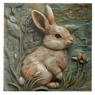 Muted Green Bunny Rabbit and Flowers Faux Relief Ceramic Tile