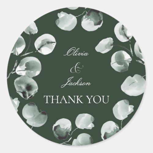 Muted Green Eucalyptus Scripted Modern Thank you Classic Round Sticker