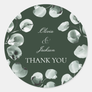 Muted Green Eucalyptus Scripted Modern Thank you Classic Round Sticker