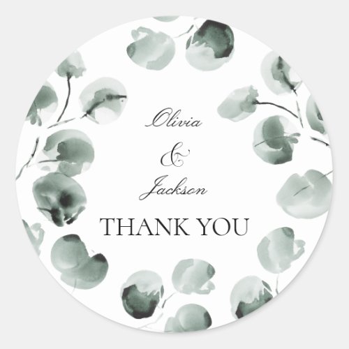 Muted Green Eucalyptus Scripted Modern Thank you Classic Round Sticker