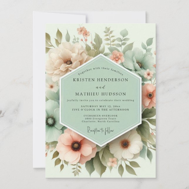 Muted Green Floral Whimsy Wedding Invitation (Front)