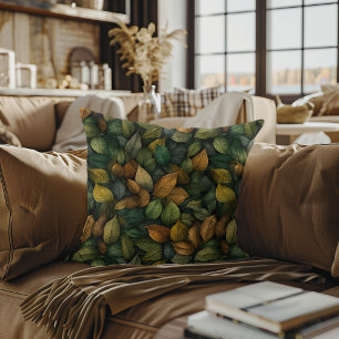 Muted Green Gold Fall Leaves Watercolor Decorative Throw Pillow