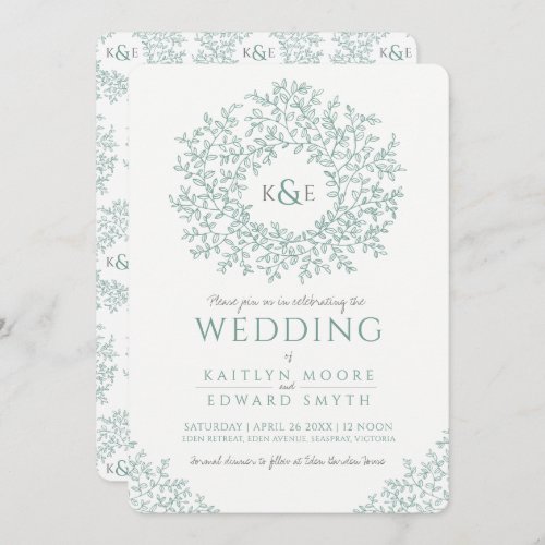 Muted green hand drawn leaf monogram art wedding invitation