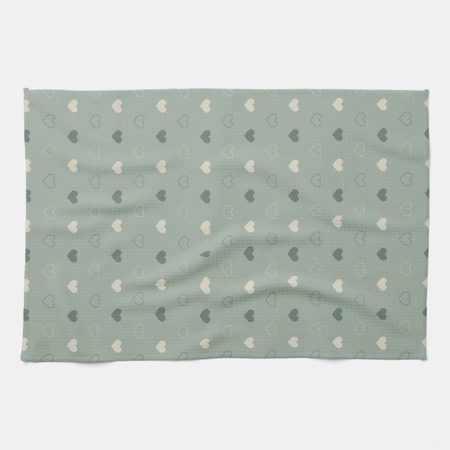 Muted Green Heart Grid Seamless Pattern Kitchen Towel (Horizontal)