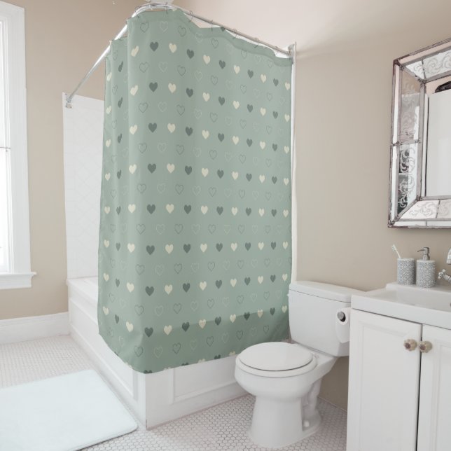Muted Green Heart Grid Seamless Pattern Shower Curtain (In Situ)