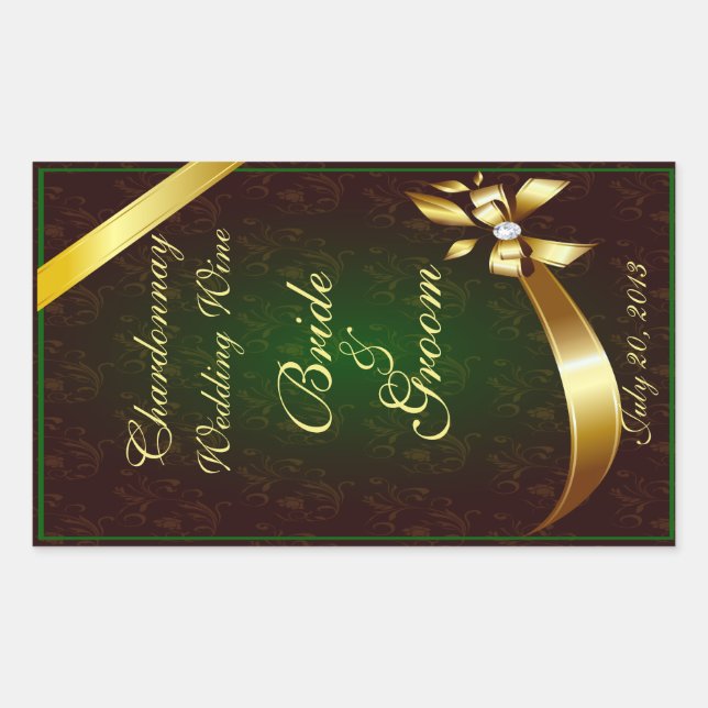 Muted Green Lace & Gold Wedding Wine Label Sticker (Front)