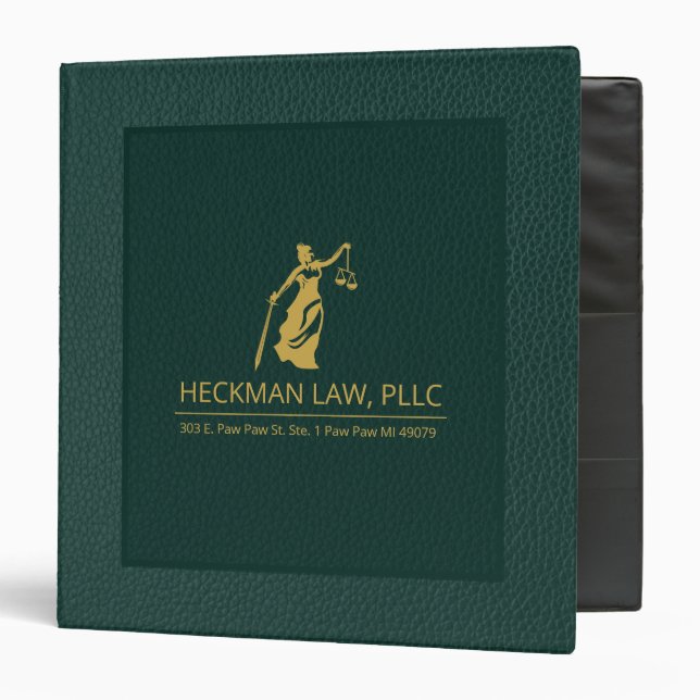 Muted Green Leather Texture Gold Justice Scale 3 Ring Binder (Front/Inside)