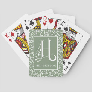 Muted Green Organic LIne Pattern H Monogram, Bicy Poker Cards