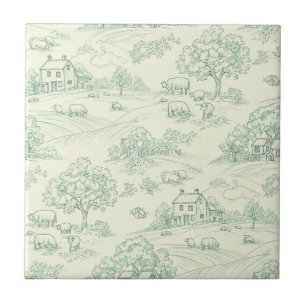 Muted Green Pastoral Farm Animal Toile Print Ceramic Tile