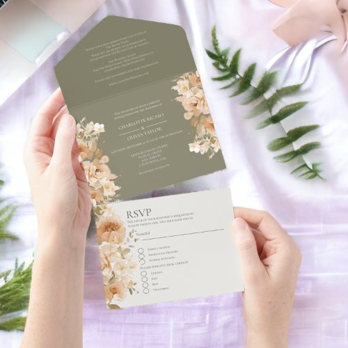 Muted Green Peach Flower Personalized Wedding All In One Invitation