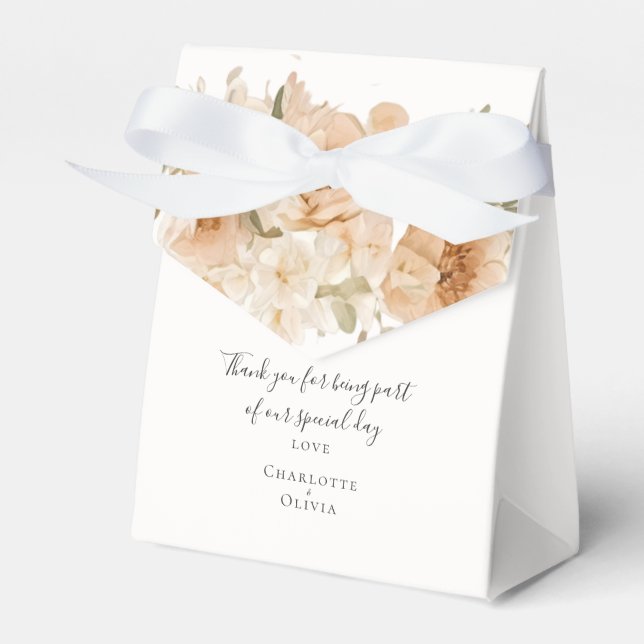 Muted Green Peach Flower Personalized Wedding Favor Boxes (Front Side)