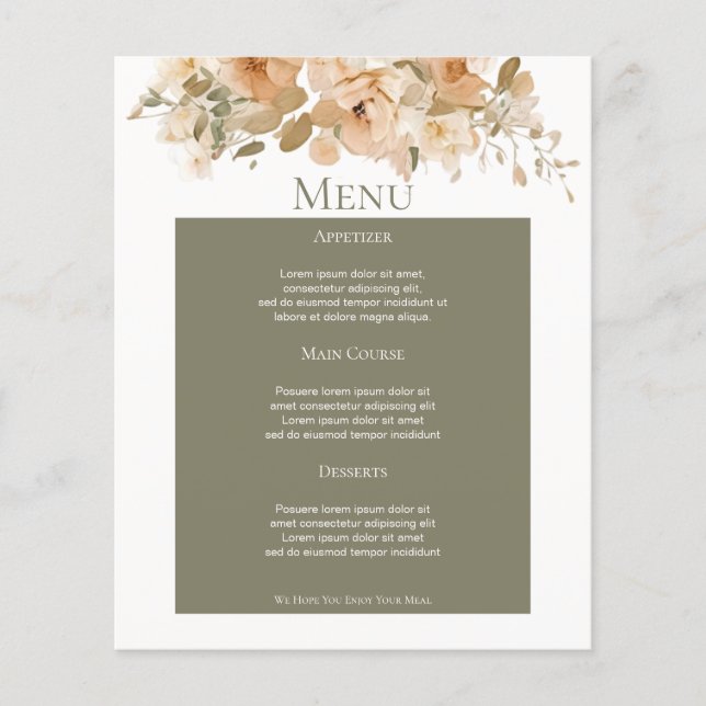 Muted Green Peach Flower Personalized Wedding Menu (Front)