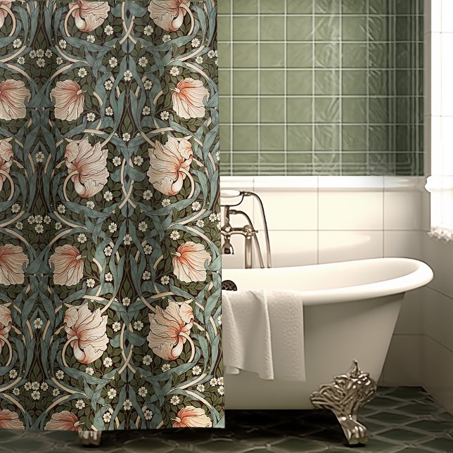 Muted Green Pimpernel William Morris Floral Shower Curtain (Creator Uploaded)