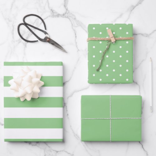 Muted Green Polka Dot Wide Striped and Solid Wrapping Paper Sheets