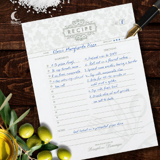 Muted Green Vintage Damask Recipe Binder Insert  Letterhead