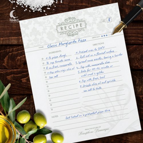 Muted Green Vintage Damask Recipe Binder Insert Letterhead