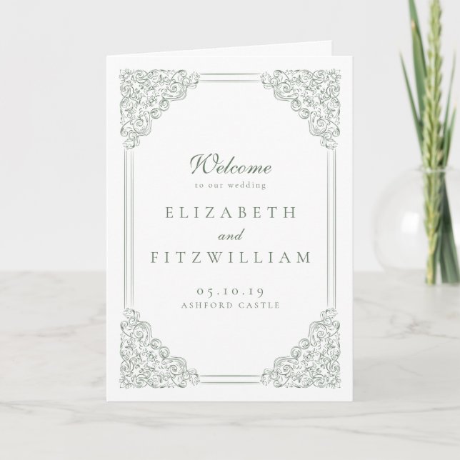 Muted Green Vintage Frame Elegant Script Wedding  Program (Front)