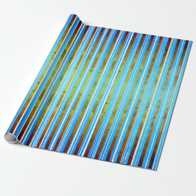 Muted Green, White, and Teal Striped Wrapping Paper (Unrolled)