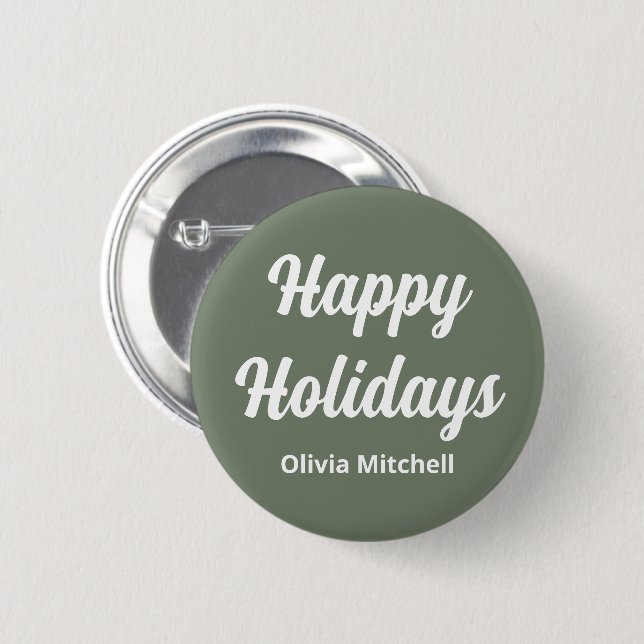 Muted Greenish Gray Happy Holidays Button (Front & Back)