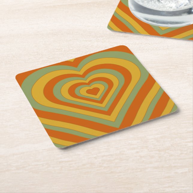 Muted Groovy Retro Layered Love Heart Square  Paper Coaster (Angled)