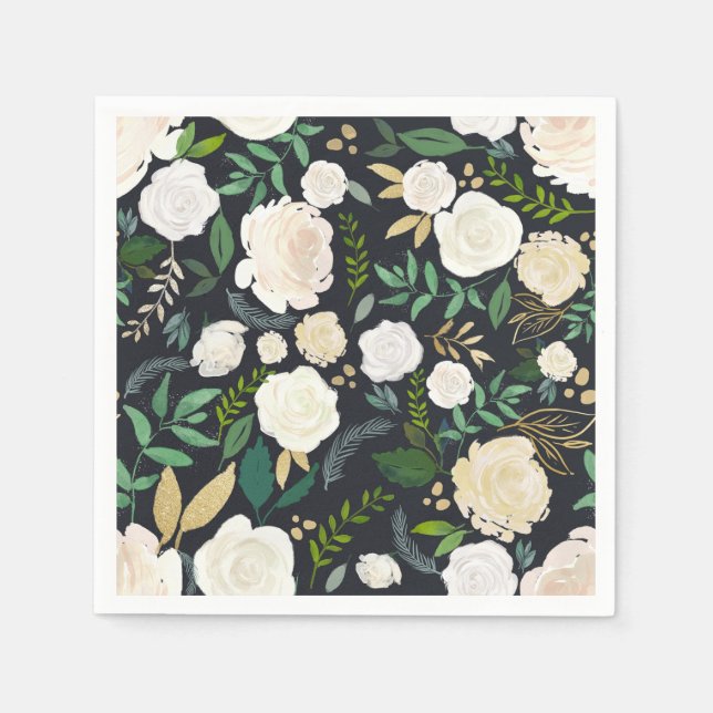 Muted Ivory Floral Pattern with Greenery Black Napkins (Front)