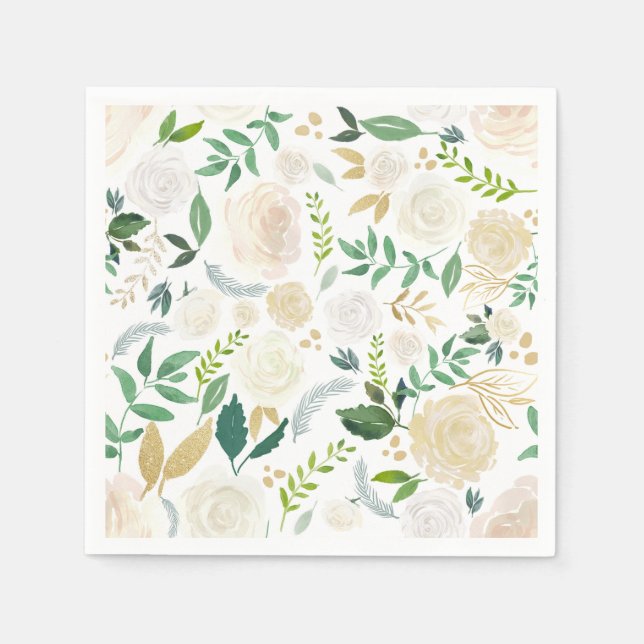 Muted Ivory Floral Pattern with Greenery White Napkins (Front)