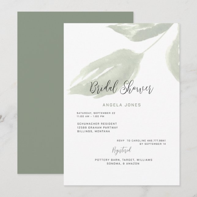 Muted Ivy Sage Wedding Bridal Shower  Invitation (Front/Back)