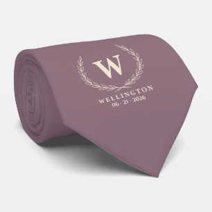 Muted Mauve Ivory Laurel Monogram Wedding Date Neck Tie
